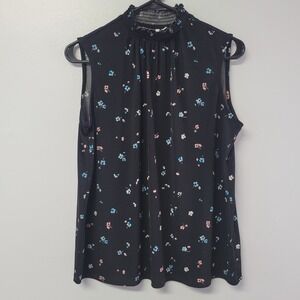 ELLE Womens Smocked Mock Neck Sleeveless Floral Blouse Black Small DAISYDITSY